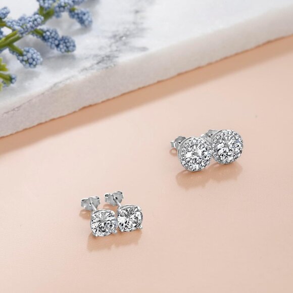 Silver Rhodium Plated Cubic Zirconia Stud Earrings for Women, 2-Pair Set, Elegan - Picture 2 of 5